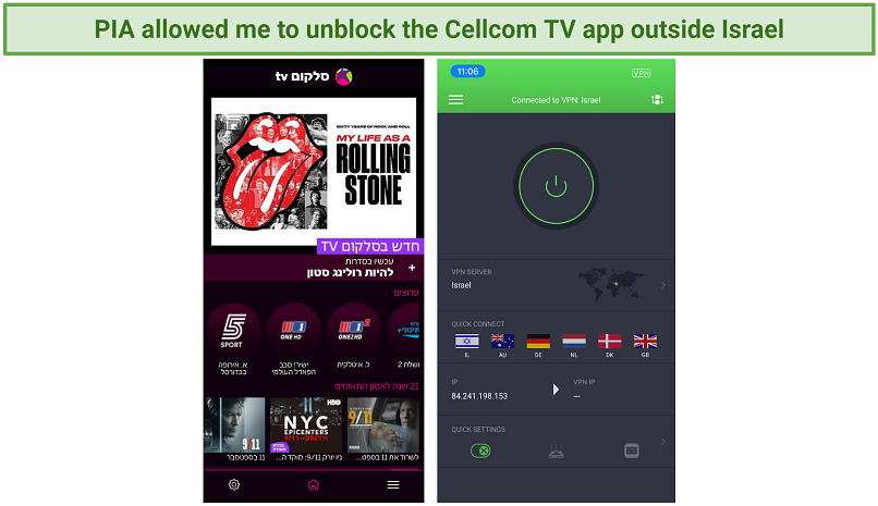 Screenshot of PIAunblocking Cellcom TV